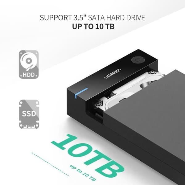 UGREEN USB 3.0 extern hårddiskhölje 3,5" SATA HDD SSD 10TB Max, 5Gbps höghastighet, UASP-kompatibel