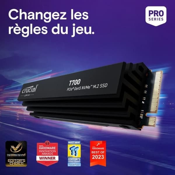 Intern SSD - Crucial - T700 - 2 To - med Diss - PCIe 5.0 - 12 400 Mo/s läsning - 11 800 Mo/s skrivning
