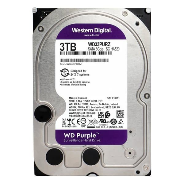 Hårddisk - WESTERN DIGITAL - WD33PURZ - 3 TB - Serial ATA-600 - 3,5" - 550 MB/s - 3D trippelnivåcell (TLC)