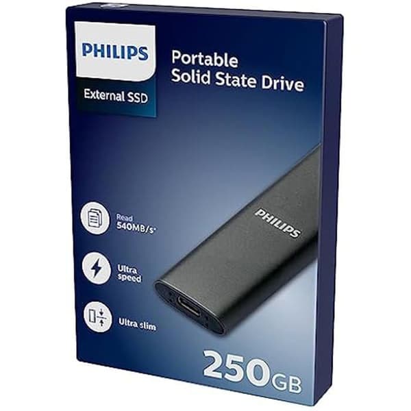SSD Extern - PHILIPS - 250 Go - Ultrafin - USB-C - Läshastighet upp till 540 Mo/s