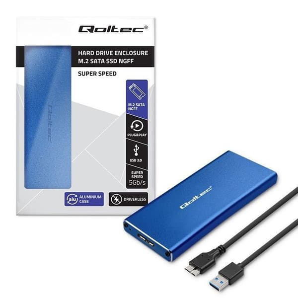 Qoltec External Solid State Drive - 51832 - M.2 SATA NGFF USB 3.0 Super Speed 5 Gb/s 2 TB SSD-hölje Blå