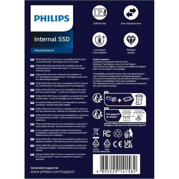 SSD Intern - PHILIPS - M140 - 2 To - NVMe PCIe Gen 3 - Läsningshastighet 3500 Mo/s