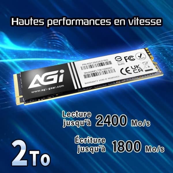 SSD M.2 PCIe - AGI - AI298 - 2 To - 3D NAND - Läshastighet 2400 Mo/s - DRAM Cache