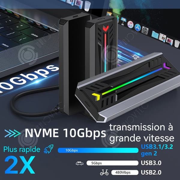 INN M2 NVMe NGFF SSD hölje med dubbelt 10Gbps USB3.1 Gen2-protokoll och RGB-ljus, extern hårddiskadapterhölje.