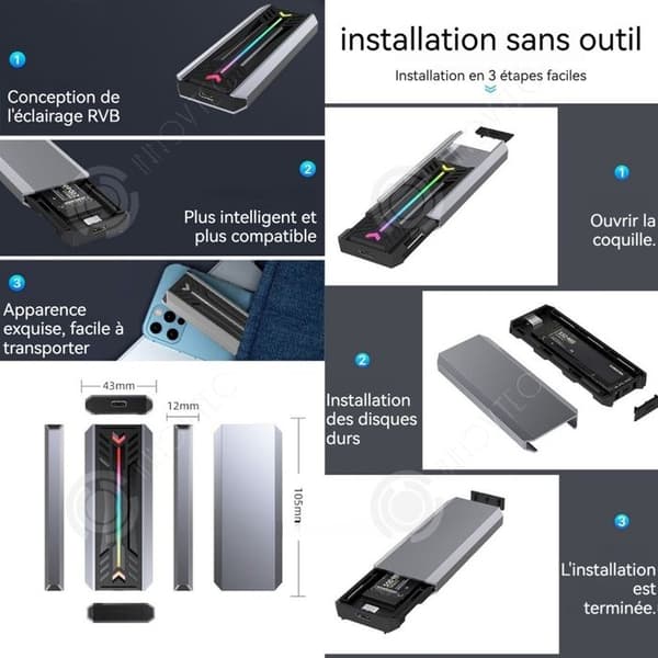 INN M2 NVMe NGFF SSD hölje med dubbelt 10Gbps USB3.1 Gen2-protokoll och RGB-ljus, extern hårddiskadapterhölje.