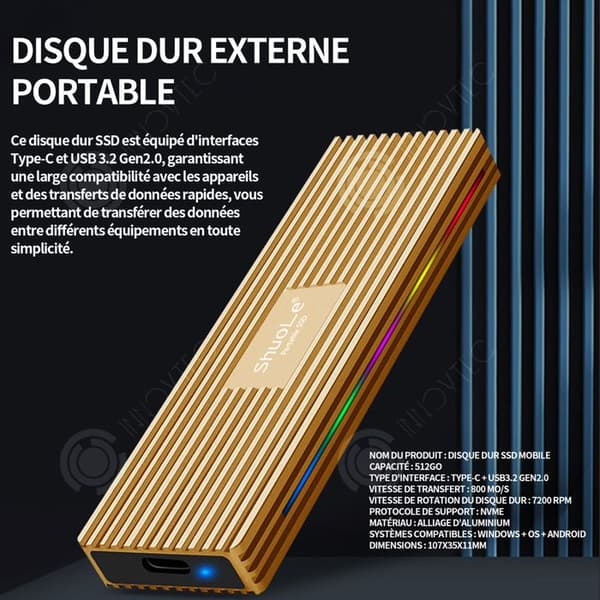 INN Extern hårddisk 512GB Typ-C+USB3.2 Gen2.0 800m/s Metallhölje Stor kapacitet Höghastighets Mini Mobil SSD