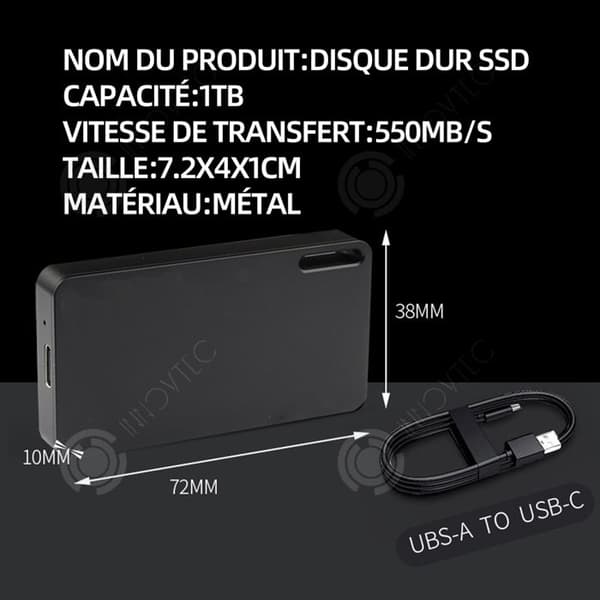 INN Extern hårddisk 1TB 550mb/s SSD 7,2x4x1cm Kompatibel med bärbar dator och skrivbordsstöd Windows/IOS/Lin-system