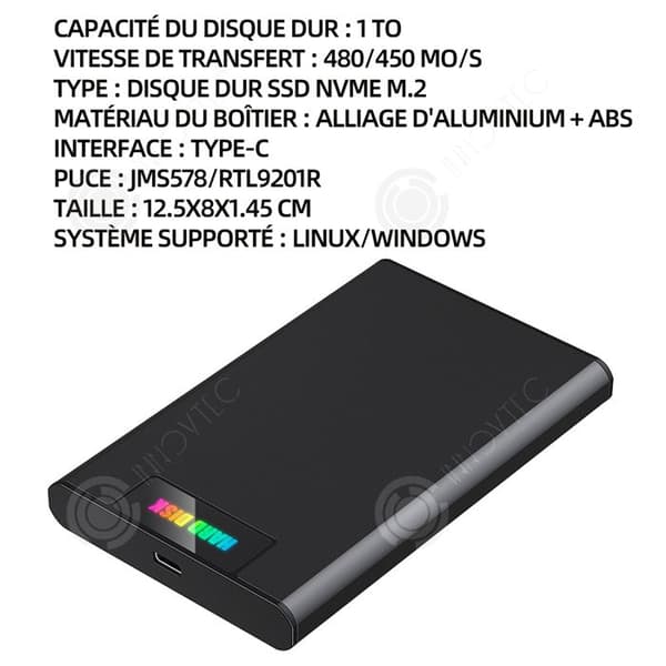 INN Extern hårddisk 1TB 480/450M/S SSD Mycket tunn extern hårddisk Solid State Drive Bärbar extern hårddisk Mobil hårddisk Svart