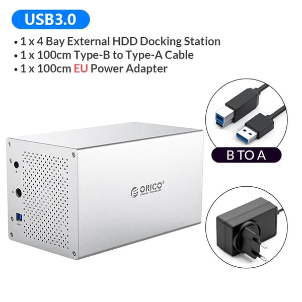 4 Bay HDD -telakointiasema, työkaluton/kuuman vaihdon tuki, USB3.0 5Gbps siirtonopeus,4-porttinen EU-pistoke