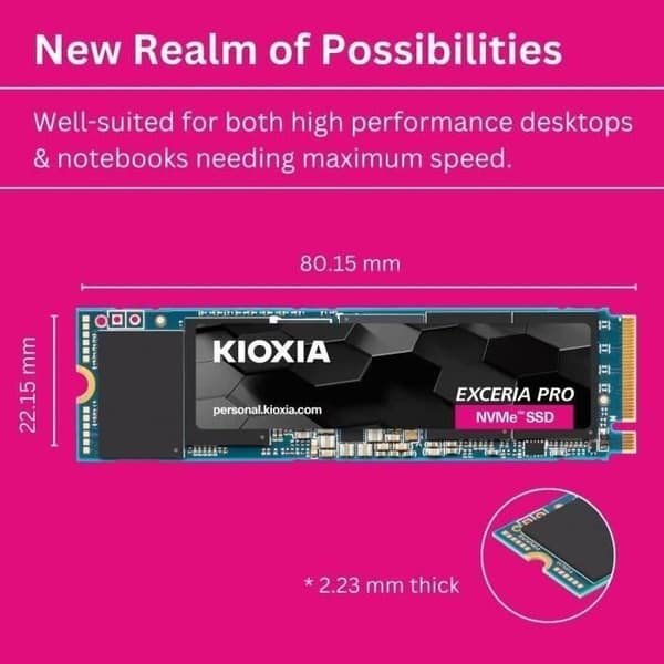 SSD - KIOXIA - EXCERIA PRO - 1 To, M.2, 7300 Mo/s läsning, 6400 Mo/s skrivning, för bärbar dator