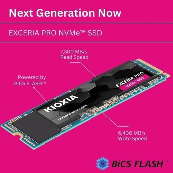 SSD - KIOXIA - EXCERIA PRO - 1 To, M.2, 7300 Mo/s läsning, 6400 Mo/s skrivning, för bärbar dator