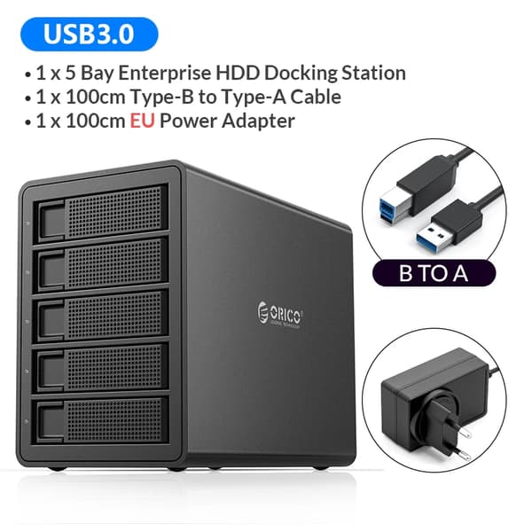 5 Bay HDD Docking Station, 80TB Kapacitet, USB 3.0 Interface,5 Bay EU Stik Sort