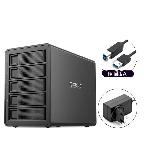 5 Bay HDD Docking Station, 80TB Kapacitet, USB 3.0 Interface,5 Bay EU Stik Sort