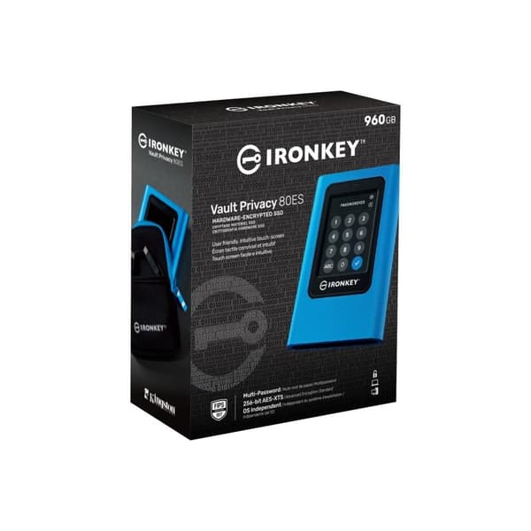 Ulkoinen SSD Ironkey Vault privacy 80 (960 Gt, USB 3.2, kirjoitusnopeus 250 mbytes/s, lukunopeus 250 mbytes/s), Kingston