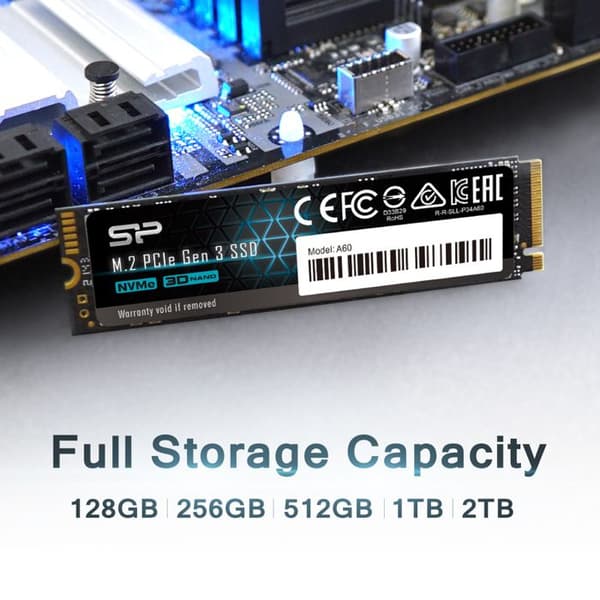 Intern SSD - Silicon Power - P34A60 512Go - NVMe PCIe Gen3x4 M.2 Läsning Skrivning 2200 1600 Mo/s