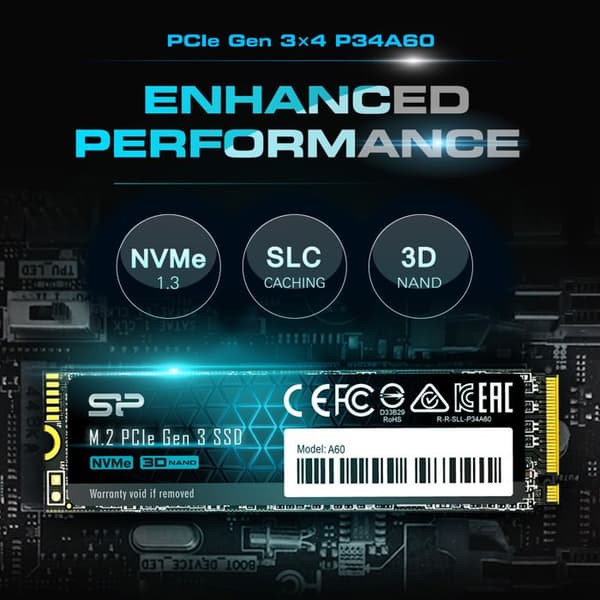 Intern SSD - Silicon Power - P34A60 1To - NVMe PCIe Gen3x4 M.2 Läsning Skrivning 2200 1600 Mo/s