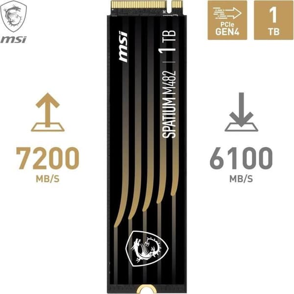 SSD Intern - MSI - SPATIUM M482 - 1 To - PCIe 4.0 - Läsning 7200 MB/s - Skrivning 6100 MB/s