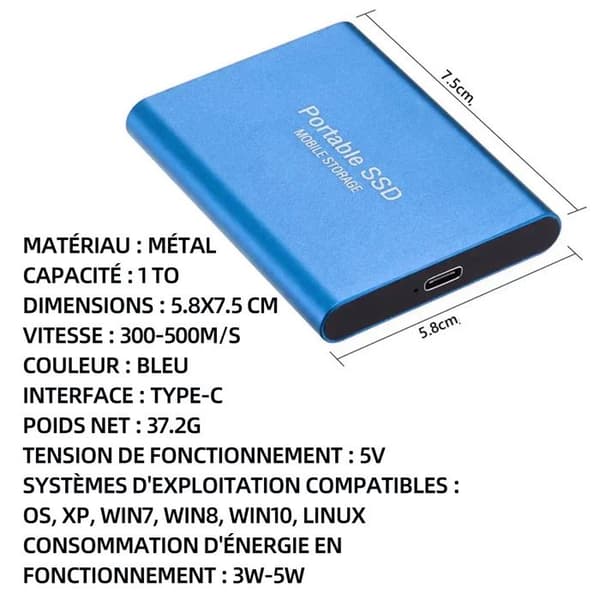 INN® Extern hårddisk 1TB USB 3.1 5,8x7,5cm Type-C Ultratunn Solid State High Speed Transfer Mobile Solid State Drive Blå