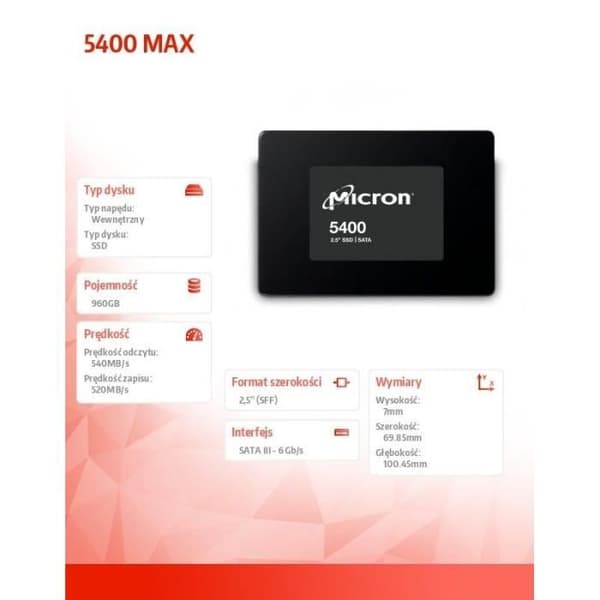 Micron SSD-enhet 5400 MAX 960GB SATA 2,5 7mm Single Pack - 0649528933652