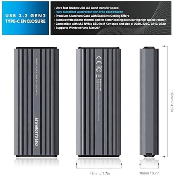 SSD-hölje NVMe - GRAUGEAR - Aluminium - USB 3.2 Gen2 10Gbit/s - Skydd IP66 - USB-C- och USB-A-kablar