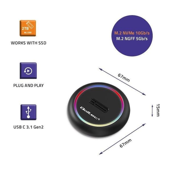 Qoltec SSD-hårddisk - 52275 - Dockningsstation för M.2 SATA NVMe USB-C SSD-enhet 2 TB