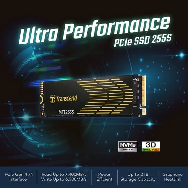 Intern SSD för spel - TRANSCEND - MTE255S - 2 To - PCIe 4.0 - Termisk avledare i grafen