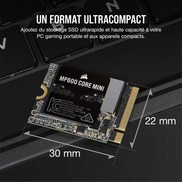 Intern SSD - CORSAIR - MP600 Core Mini 1TB M.2 NVMe PCIe x4 Gen4 2 SSD - M.2 2230 - Upp till 5 000 MB/s - Svart