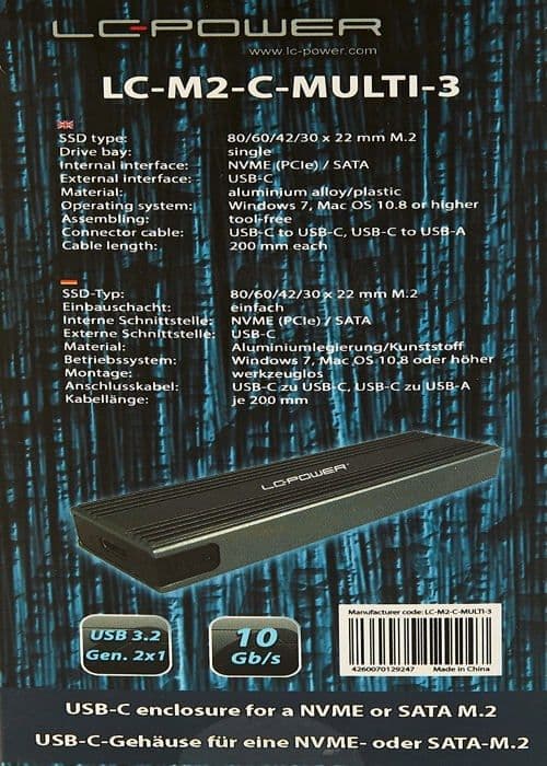 Lc-power ssd-hårddisk - LC-M2-C-MULTI-3 - M,2 USB3,2 M,2-SSD-Gehäuse (NVMe - SATA)