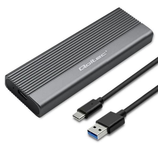 Qoltec - 52267 - Fickfodral | M.2 SSD-fack | SATA | NGFF | USB-C | Superhastighet 6 Gbps | 2 TB | Grå