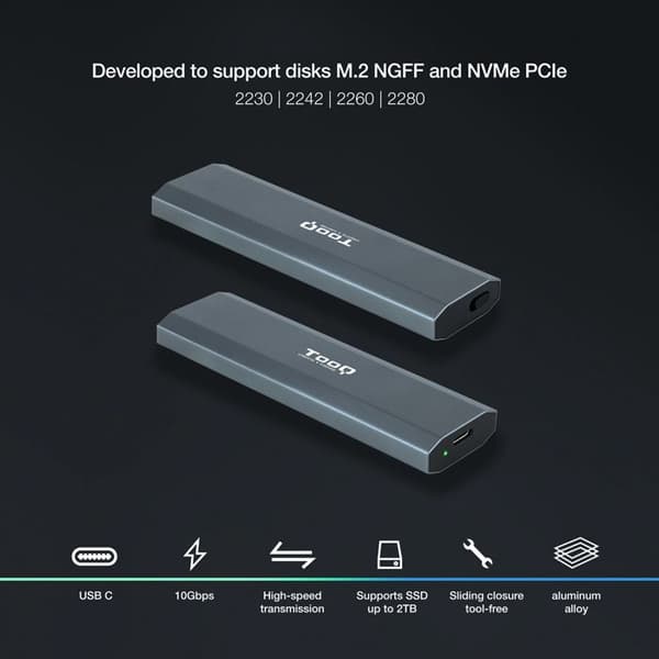 Extern hölje - TooQ - Shura - USB-C 3.2 - 2To - S-ATA/NVMe M.2 2280