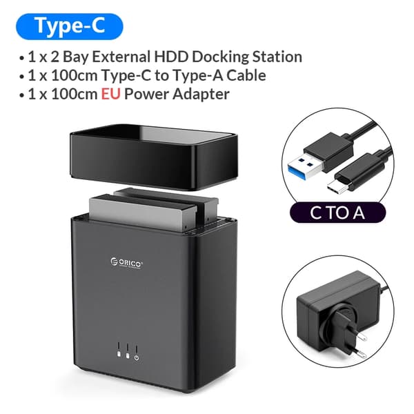 HDD-dockningsstation, dubbel fackdesign, 5Gbps USB3.1 Gen1-gränssnitt, stöder upp till 22TB,EU-kontakt