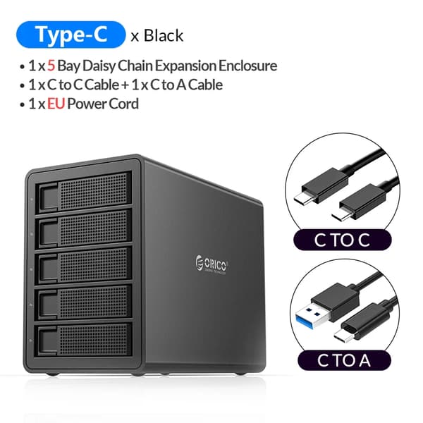 Typ-C 5-facks HDD-dockningsstation, 10 Gbps överföringshastighet, kompatibel med Windows/Mac/Linux,5 Bay EU Kontakt Svart