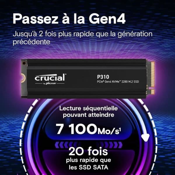 CRUCIAL - P310 - Intern SSD - 4 To - PCIe Gen4 NVMe M.2 - Med kylfläns - Læshastighed Op til 7100 Mo/s - CT4000P310SSD5