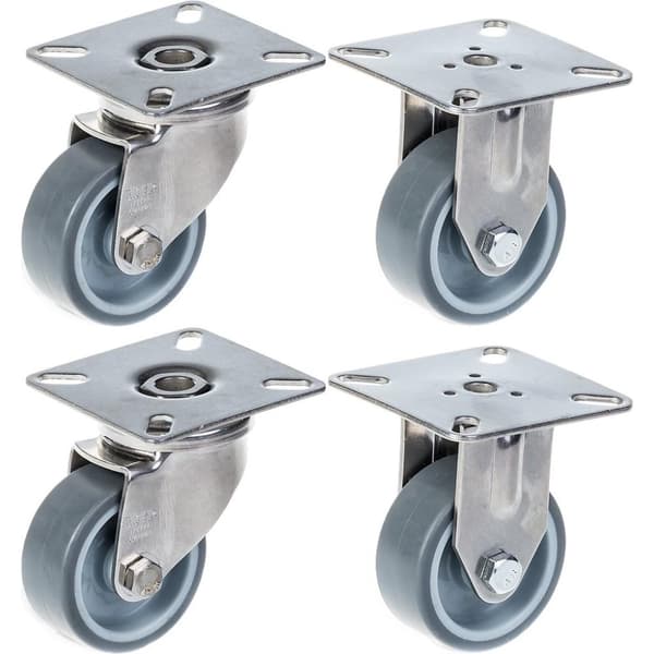 50 mm 2" hjul i rustfrit stål, grå gummi, drejelige og faste, 160 kg, sæt med 4 stk.
