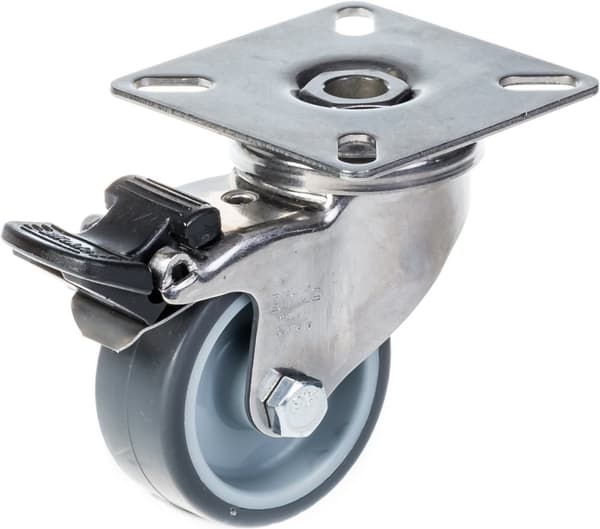 50 mm 2" hjul i rustfrit stål, grå gummi, bremse og fast, 160 kg, sæt med 4 stk.