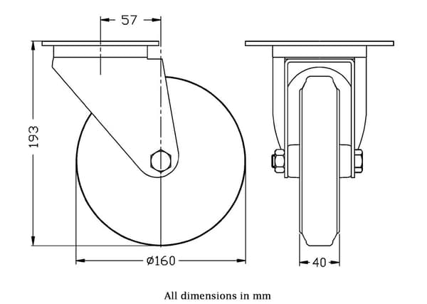 160 mm drejeligt hjul med sort gummi på centerhjul af presset stål