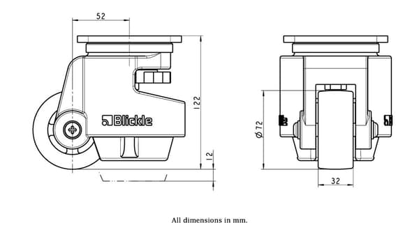 Nivelleringsserie HRP-POA 72G 72 mm drejelig topplade 95x95 mm hjul med nylonplade