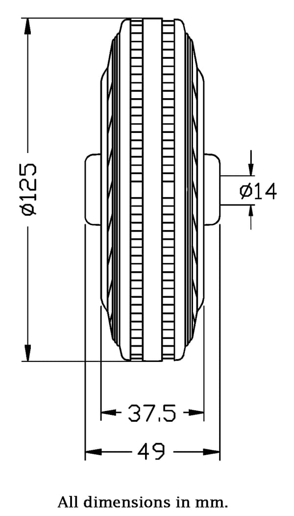 125mm pyörä mustalla kumilla puristetun teräksen keskellä