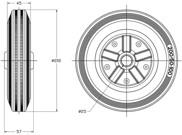 200 mm 8" svart gummihjul med centrumborrning i pressat stål 25 mm 185 kg - Set om 4