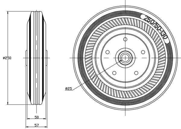 250 mm 10" sort gummihjul med centerboring i presset stål 25 mm 210 kg - Sæt med