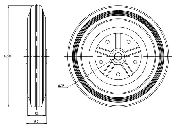 280 mm 11" sort gummihjul med center af presset stål 220 kg - sæt med 2 stk.