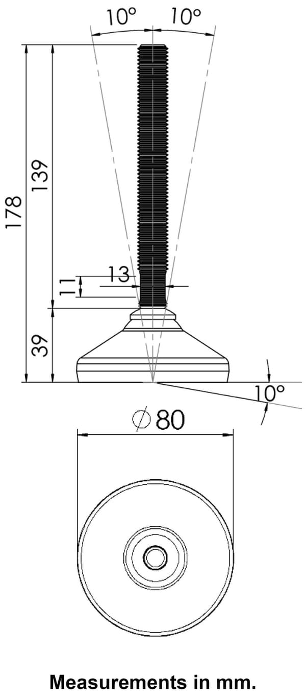 Rustfri nivelleringsfod 16x150x80mm base og anti-vibrationspude 1500kg-sæt med 4 stk.