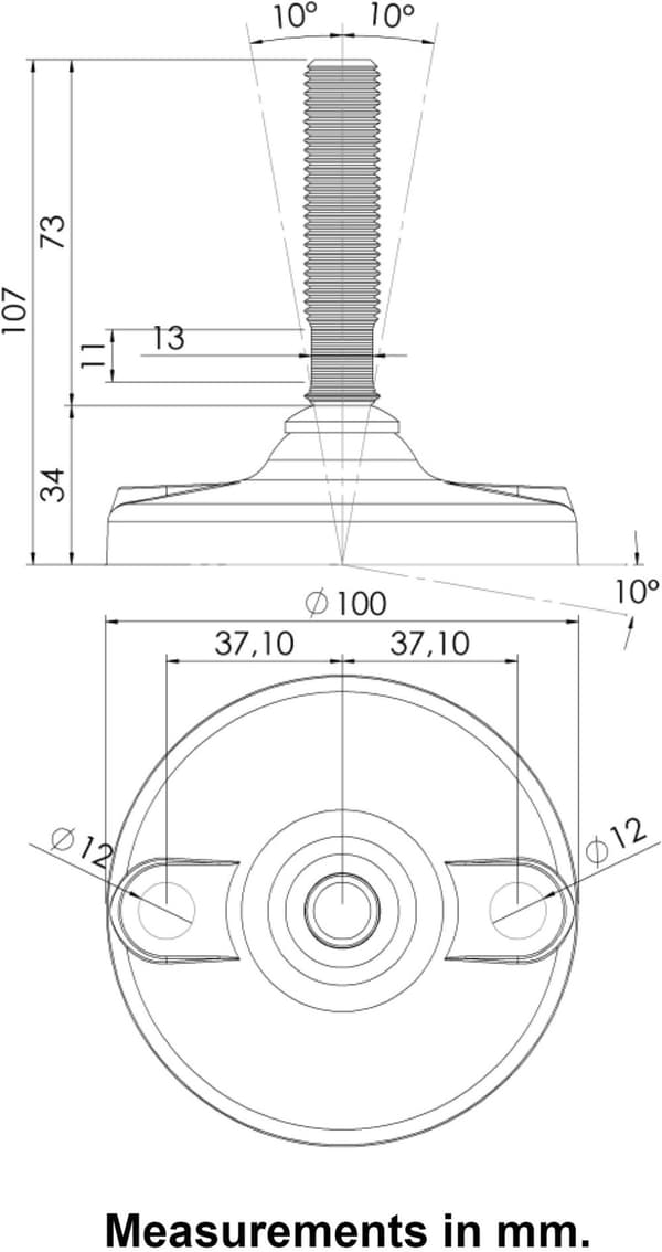 Rustfri nivelleringsfod M16x70x100mm plastfod med huller1500kg - Sæt med 4 stk.
