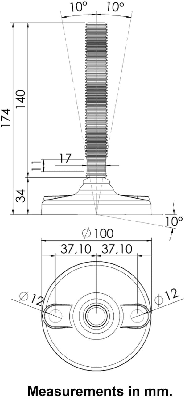 Rostfri avställningsfot M20x150x100mm plastfot med hål1500kg - Set om 4