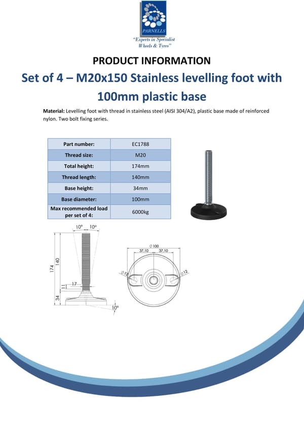 Rostfri avställningsfot M20x150x100mm plastfot med hål1500kg - Set om 4
