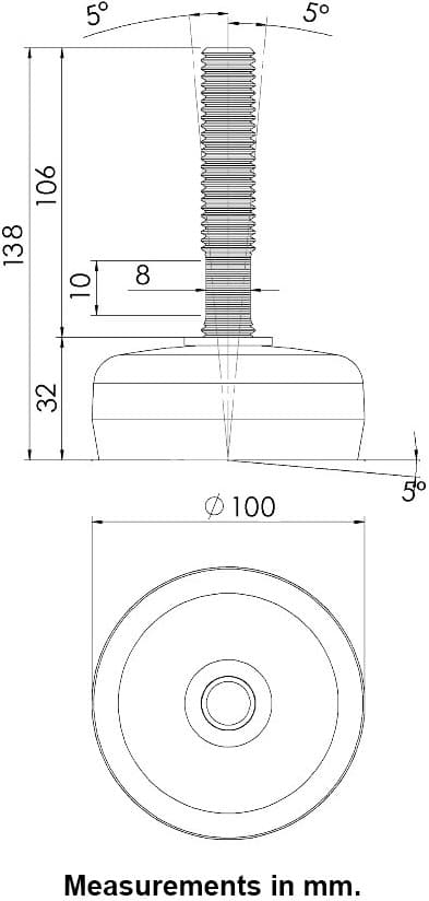 Ruostumaton jalka 12x100x105mm, jalustassa kumityyny + insertit 40x40x1.2mm -Sarja
