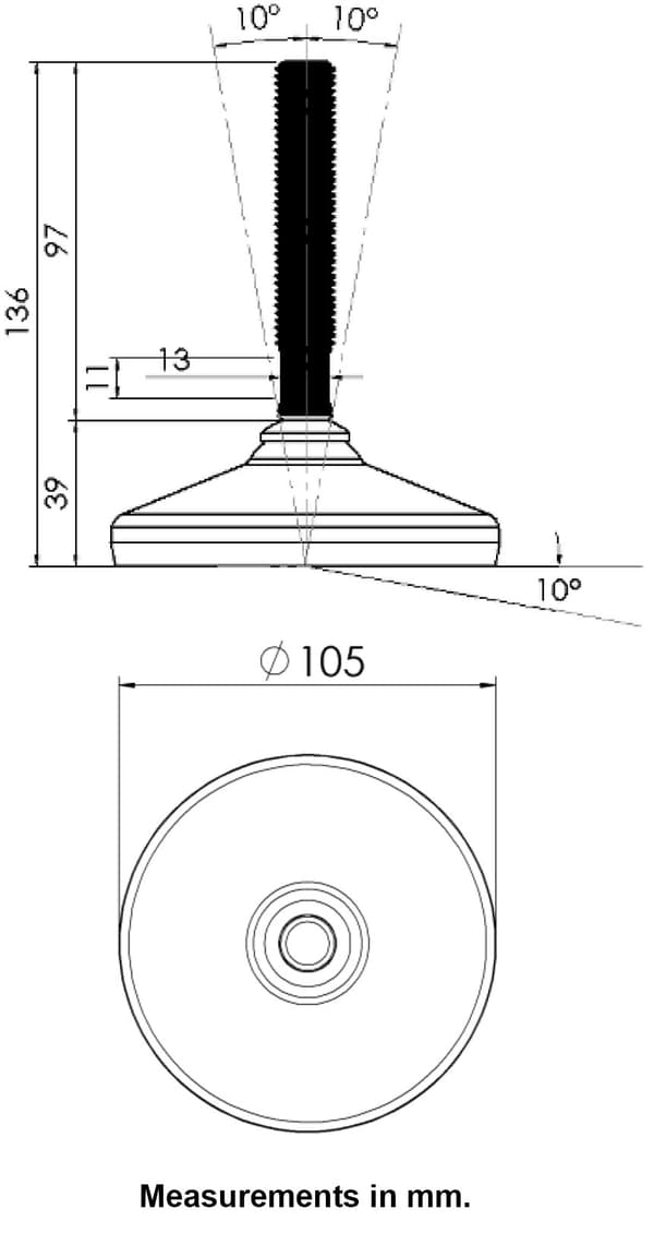 Ruostumaton jalka 16x100x105mm, jalustassa on kumityyny + insertit 40x40x1.50mm -Sarja
