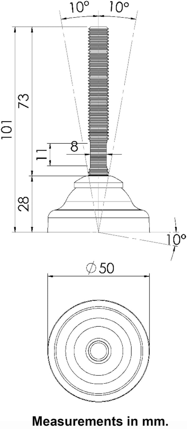 Ruostumattomat tasoitusjalat M10x70 muovijalka + insertit 30x30 M10 1.5mm 500kg 500kg