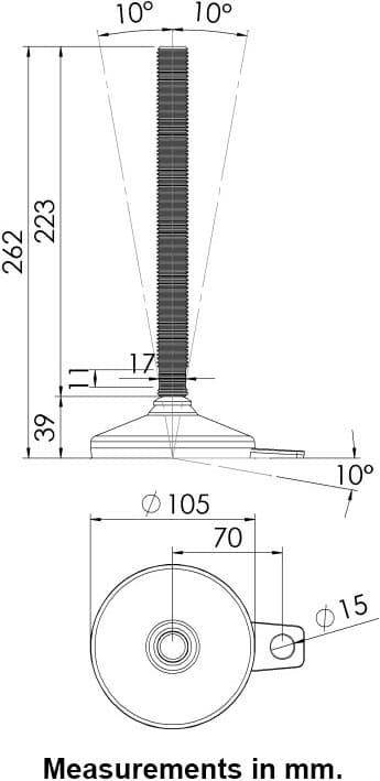 Ruostumaton jalka 20x230x105mm, tyyny ja kiinnitysreikä + insertit 40x40x2.0mm - 4 kpl:n sarja.