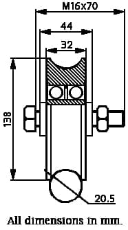 140 mm hjul med rund rille 20,5 mm rille 2 kuglelejer